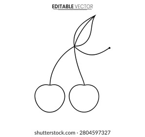 This is a black line vector illustration depicting two cherries with a stem and single leaf set against a white