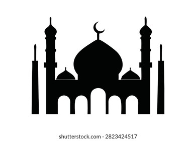 This black mosque with domes, minarets, and crescent moon is the universal symbol of Islamic faith and architecture.