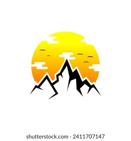 This is a black mountain logo design and a yellow sunset