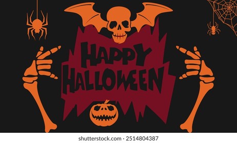 This is a black and orange text with skulls and pumpkins