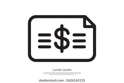 This black outline icon depicts a financial document featuring a dollar sign and list on a transparent backdrop, ideal for various design applications.
