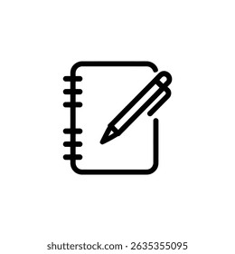 This is a black outline icon featuring an open notepad with a pen on it. The image has a transparent background and is minimalist.