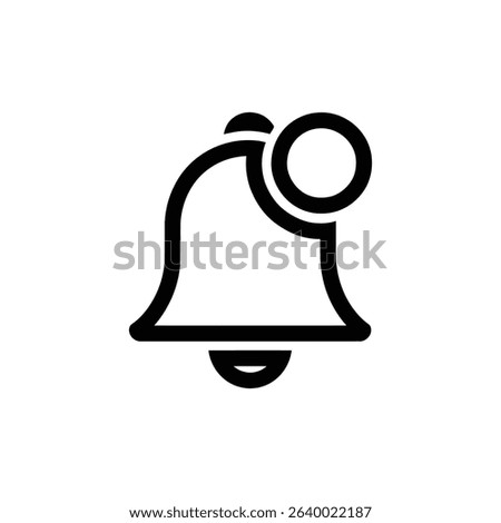This is a black outline icon of a notification bell, with a filled circle at the top right, indicating a new alert or notification. Design for user interface.