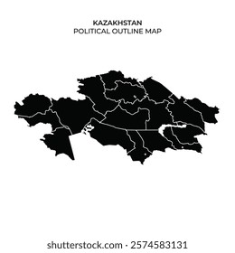 This black outline map displays the political boundaries of Kazakhstan, featuring distinct regions and territorial divisions, ideal for educational purposes or geographic analysis.