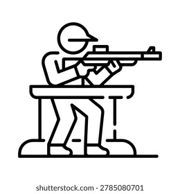 This black outline vector illustration depicts a person practicing at a sport shooting range, carefully aiming a rifle weapon over a barrier for target training.