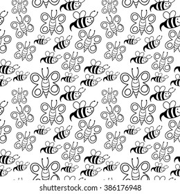 This is a black seamless with many insects bees and butterflies