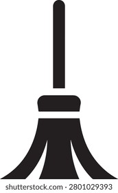 This is a black silhouette of a broom. The clearly the long handle extending vertically and the wide, fanned bristles at the bottom. The bristles are depicted with curved lines, suggesting their sweeping function. The overall is simple and clean, with solid black fill against a white background. This is commonly used to represent cleaning, sweeping, household chores, or janitorial services.