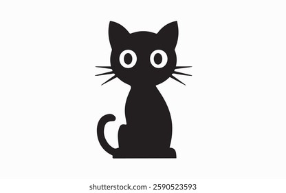 This is a black silhouette of a cartoon-style cat with large, round eyes, a curled tail, and pointed ears. The design is simplistic and minimalistic, with exaggerated features like whiskers and wide e