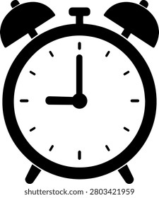 This is a black silhouette of a classic alarm clock, set against a white background. It features two bells and