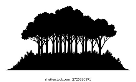 Das ist eine schwarze Silhouette eines dichten Waldes. Das Bild zeigt eine Reihe von Laubbäumen mit vollen Baumkronen und sichtbaren Zweigen, durchsetzt von kleineren immergrünen Bäumen und dichtem Unterholz entlang eines abfallenden Hangs. Der starke Kontrast auf weißem Hintergrund betont die organischen Formen der Bäume und die Textur des Waldes.