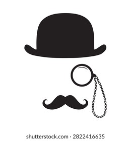 This is a black silhouette depicting a gentleman’s face with a bowler hat, mustache, and monocle on a white background.
