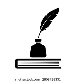 This is a black silhouette depicting an inkwell with a feather quill resting on top of a closed book. The