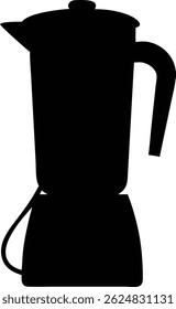 This black silhouette depicts a kitchen appliance, specifically a blender, complete with a handle, lid, and a simple base. Its stark design makes it versatile.