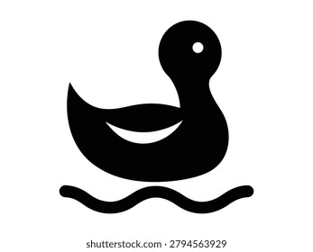 This is a black silhouette of a duck floating on water presented as a flat vector illustration with a white