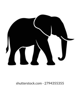 This is a black silhouette of an elephant against a white background. The image features a simplified animal shape with