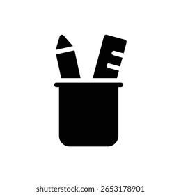 This black silhouette features scissors and a pencil neatly arranged in a minimalist holder. Ideal for education and creative projects, this artwork captures essential stationery elements.