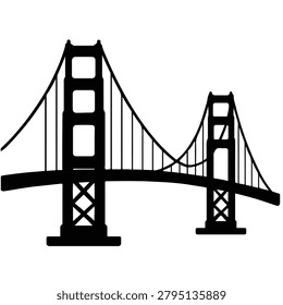 This is a black silhouette of the Golden Gate Bridge, a vector illustration set against a white background. It depicts