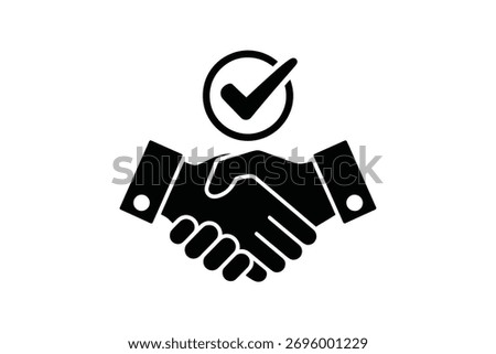 This is a black silhouette icon featuring two hands shaking in a handshake, symbolizing agreement or partnership. Above the handshake, a circular icon  . The entire  on a white background.