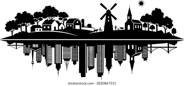 This black silhouette illustration shows a rural village mirrored by a modern urban skyline. It is a versatile conceptual vector for projects exploring urbanization, environmental planning, and lifestyle contrasts.
