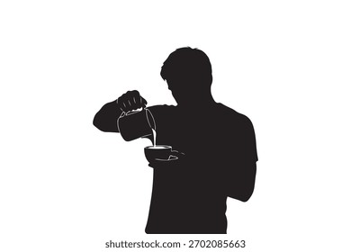 Esta es una silueta negra de un hombre, que se muestra desde el pecho hacia arriba, en el proceso de verter leche de una jarra en una taza de café.