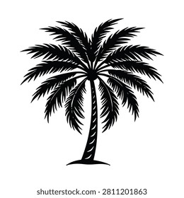 This is a black silhouette of a palm tree against a white background. The graphic depicts a tropical plant with