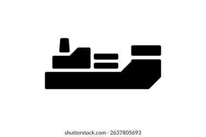 This is a black silhouette of a ship on a white background. The silhouette is a ship featuring a cabin and two cargo containers, simple and clean.