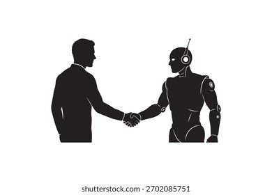 This black silhouette shows a man in a suit and a robot shaking hands.