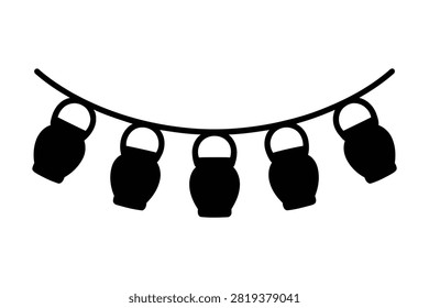 This black silhouette vector graphic features a hanging garland with five stylized lantern pots strung along a curved line It serves as a simple decorative element for festive holiday themes or cultural events