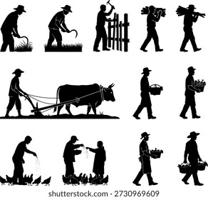 This black silhouette vector illustration represents traditional rural farming life where a farmer works in the field using an ox and manual plowing methods. The artwork reflects agricultural heritage, village lifestyle, hard labor, and simplicity of countryside living. It symbolizes traditional farming practices, connection with nature, rural economy, and cultural history of South Asian villages. Ideal for use in cultural designs, educational content, posters, books, editorial illustrations, t shirt prints, and heritage themed visuals. The minimal silhouette style makes it suitable for both modern and traditional design projects while clearly expressing rural livelihood, manual labor, and agricultural lifestyle.