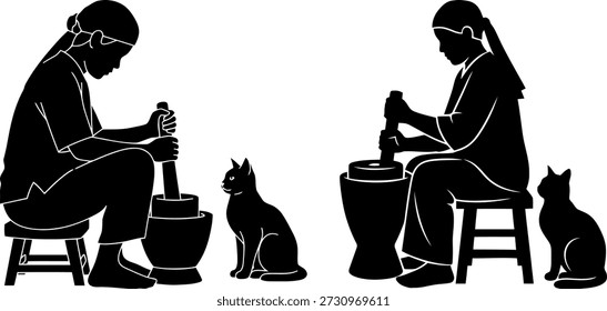 This black silhouette vector illustration shows a traditional rural village woman grinding spices using a mortar and pestle. The scene represents daily household work, traditional food preparation, cultural lifestyle, and simplicity of village life. It highlights heritage, domestic labor, and traditional kitchen practices passed down through generations. The minimal silhouette style reflects calmness, patience, and cultural identity of rural communities. Suitable for cultural artwork, lifestyle concepts, educational materials, editorial use, posters, book illustrations, textile prints, and traditional themed designs. The artwork emphasizes tradition, heritage, and the beauty of everyday rural living.
