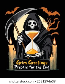 Esta t-shirt preta apresenta o Ceifador Grim segurando uma ampulheta, rodeado por velas e morcegos. "Grim Greetings: Prepare for the End" em negrito e fonte gótica. Perfeito para amantes de Halloween ou com temas sombrios