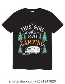 This black t-shirt showcases a graphic design featuring a girl next to a camper van, surrounded by forest trees and mountains.