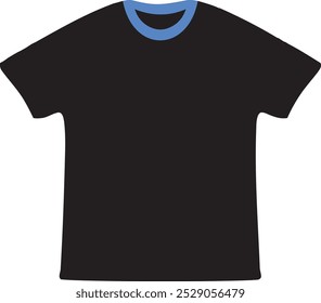 This black t-shirt vector template showcases a simple, flat design that is perfect for apparel mockups, fashion branding, and custom t-shirt creations. t-shirt mockup, blank t-shirt, clothing vector.