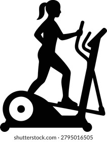 This black vector graphic illustration shows a woman in silhouette using an elliptical machine for an effective cardio workout.