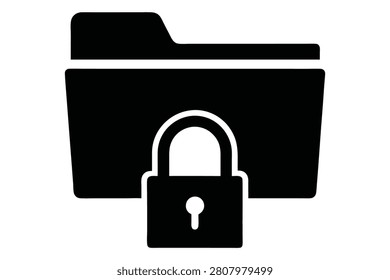 This black vector icon features a standard file folder protected by a solid closed padlock symbolizing data security and private information storage for digital platforms or websites where confidentiality and safety are of the utmost importance today