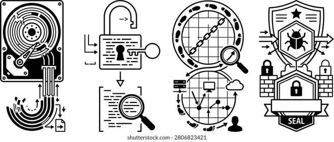 This black vector illustration depicts a hard disk drive, data flow, security measures, and a bug shield, showcasing technical details.