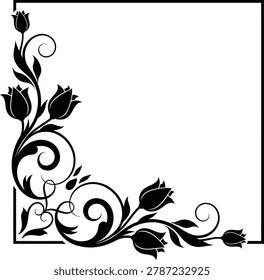This is a black vector illustration of tulips and swirling foliage, designed as a corner floral ornament on a white