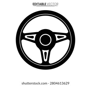 This is a black vector silhouette of a steering wheel against a white background featuring a central hub and spokes.