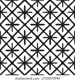 Esta imagem abstrata em preto e branco apresenta um padrão geométrico repetitivo feito de formas de diamante e motivos cruzados, criando um fundo monocromático em negrito com texturas limpas. O layout de grade estruturado, contrastes nítidos e design simétrico dão ao padrão uma aparência moderna, mínima e decorativa. A composição perfeita funciona perfeitamente como um fundo abstrato, padrão de superfície ou textura gráfica para projetos de design contemporâneos. Ideal para papéis de parede, impressões têxteis, embalagens, marcas, cartazes e visuais web, este padrão se encaixa em temas como arte moderna, design mínimo, texturas geométricas, gráficos arquitetônicos e superfícies decorativas elegantes.