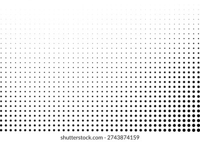 This is a black and white abstract image. The pattern is created using a series of dots of varying sizes. The dots are arranged in a way that creates a gradient effect, with the dots becoming larger and more numerous towards the bottom of the image and sparser towards the top. The overall impression is one of depth and texture, with a clean and modern aesthetic.