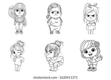 Esta é uma obra de arte em desenho animado preto e branco mostrando meninas animadas com diferentes humores e expressões. Captura as emoções da infância, adequadas para atividades de coloração.