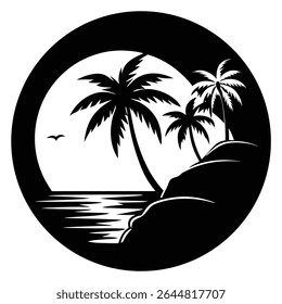 Este sello circular en blanco y negro muestra la silueta de una isla tropical. Cuenta con palmeras, una playa, olas del océano y un pájaro volando cerca con fondo transparente.
