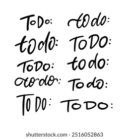 This is a black and white To Do phrases set. Showcasing a comprehensive list of various tasks and activities that need to be completed soon