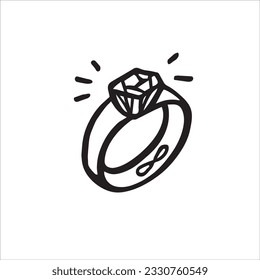 In this black and white doodle, an exquisite engagement ring is adorned with an eternity symbol, representing everlasting love and commitment. Vector illustration.