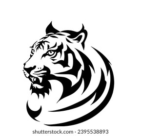 This black and white drawing depicts the head of a tiger. The tiger's face is expressive and realistic, with its sharp teeth, piercing eyes, and bushy mane. The drawing is well-executed and detailed, 
