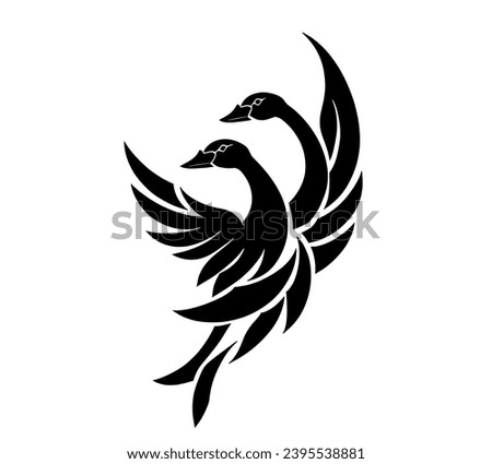 This black and white drawing depicts two swans soaring through the air. The swans are flying in formation, their wings outstretched. They are silhouetted against a dark background, with only the moonl