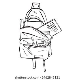 This black and white drawing showcases a detailed depiction of a classic backpack. The intricate design highlights the various straps, compartments, and zippers typical of this functional accessory.