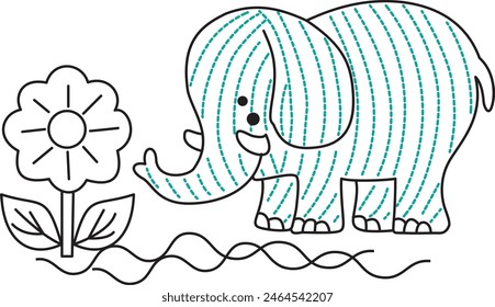 This is black and white elephant with flower .