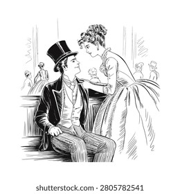 This is a black and white engraving illustration depicting a Victorian couple engaged in conversation. The artwork features detailed line