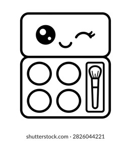This black and white flat icon depicts a cute makeup palette featuring a smiling face and several circular eyeshadow pans with makeup brushes. It’s a simple graphic.